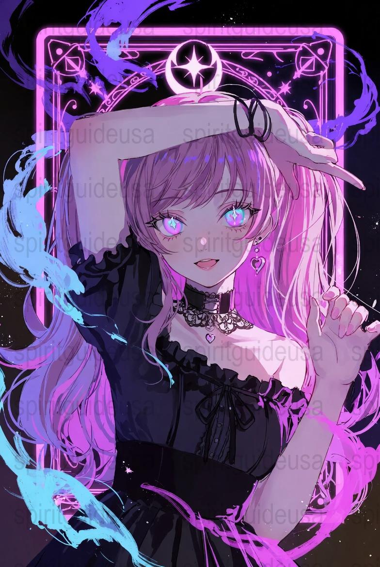 Anime Witch Girl Art Print, Magical Purple Hair Fantasy Character Poster, Vibrant Wall Decor, Mystic Aesthetic Room Decoration