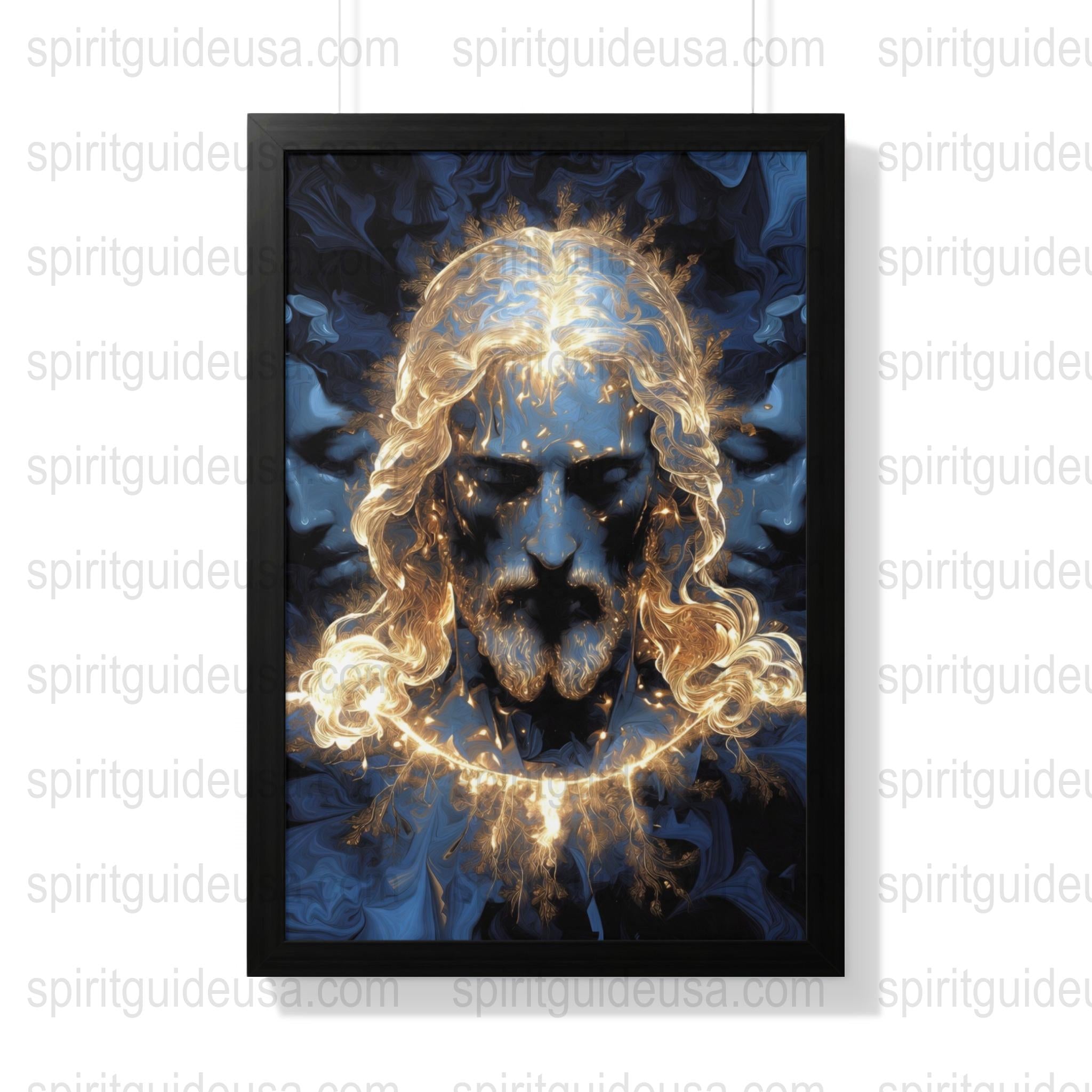 Mystical Blue and Gold Portrait Art Print, Spiritual Energy Wall Decor, Framed Celestial Artwork