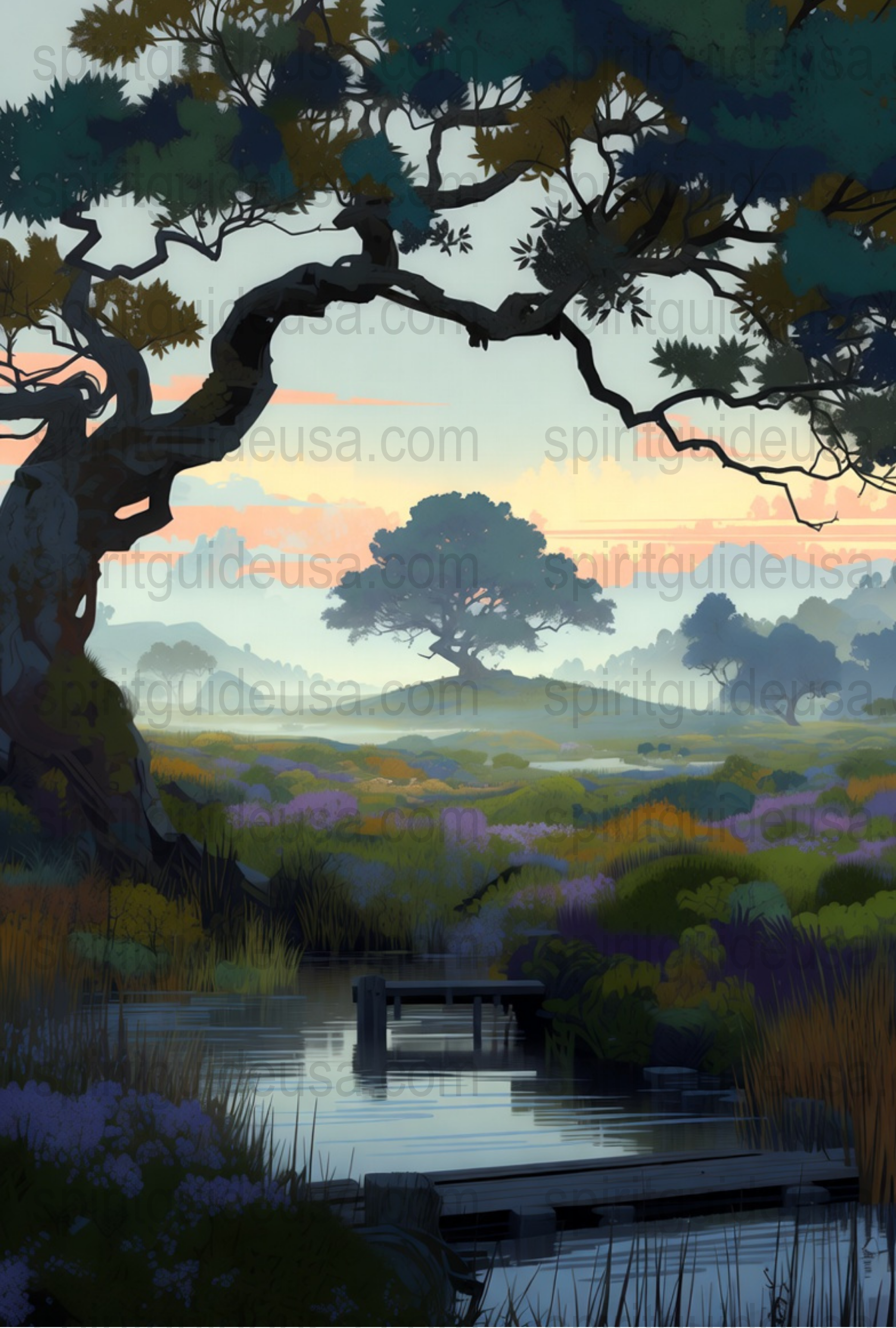 Serene Landscape Art Print, Nature Scene with Old Tree and River at Sunset, Vibrant Colors Wall Decor