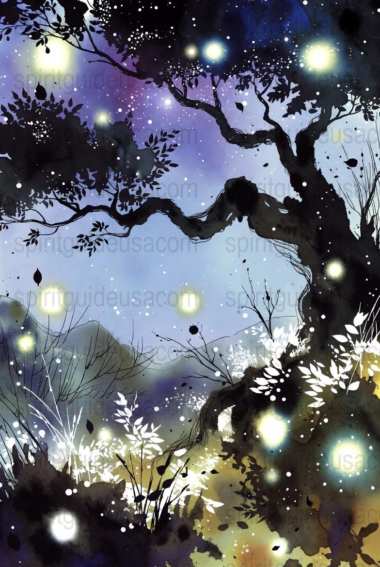 Enchanted Forest Night Sky Watercolor Print, Mystical Trees Starry Night Wall Art Decor
