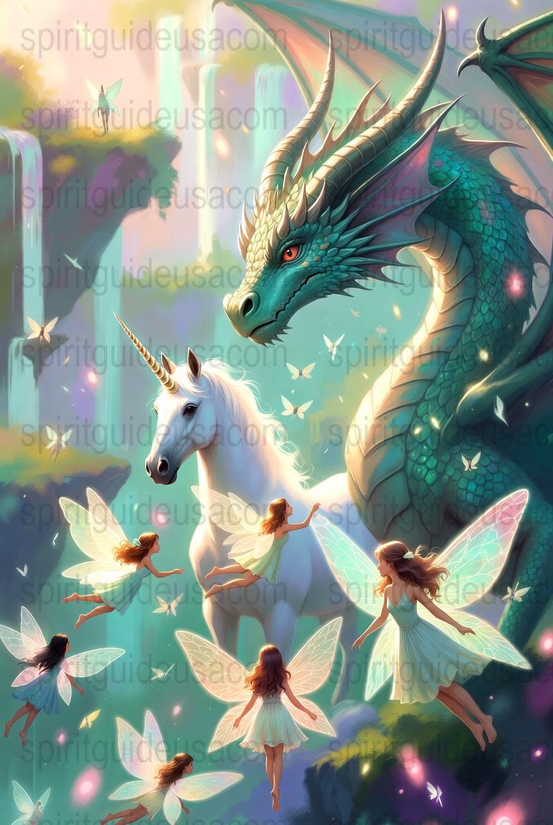 Enchanted Forest Wall Art, Dragon and Unicorn Print, Magical Fairies Poster, Fantasy Home Decor