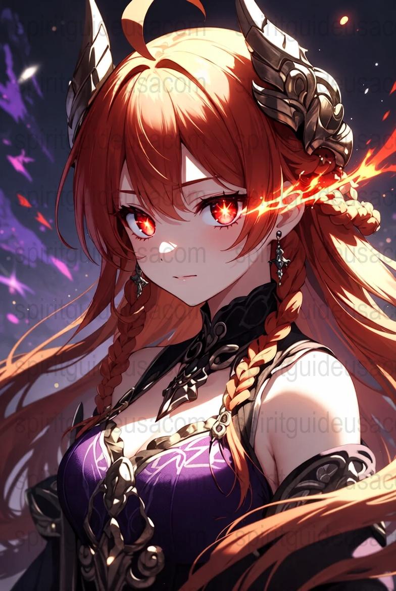 Anime Fantasy Art Print, Horned Warrior Girl with Fire Eyes, Vibrant Wall Decor, Collectible Manga Illustration