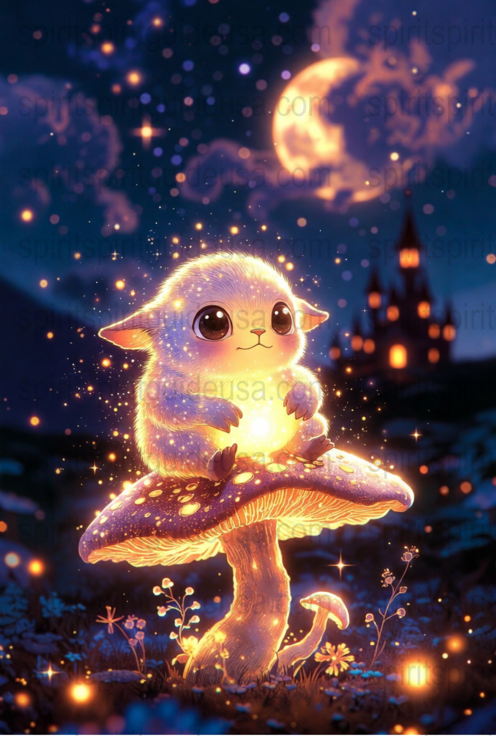 Enchanted Forest Creature Art Print, Glowing Fantasy Animal on Mushroom, Moonlit Night, Magical Home Decor Wall Art