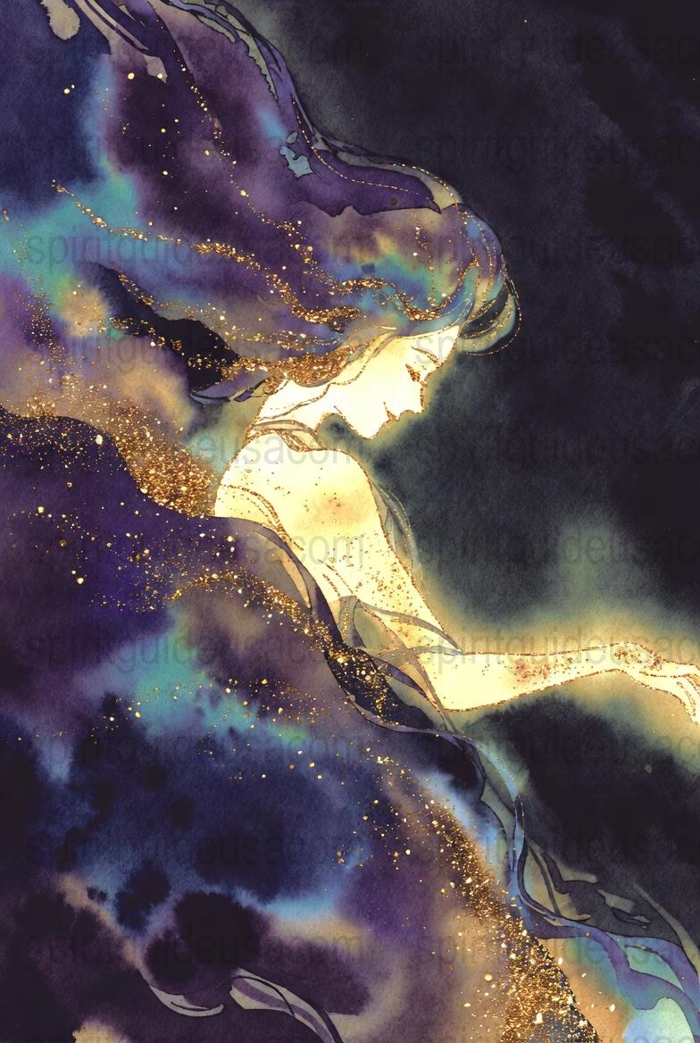 Abstract Watercolor Art Print, Navy Gold Wall Decor, Modern Cosmic Artwork, Luxurious Deep Blue and Golden Accents, Starry Night Painting