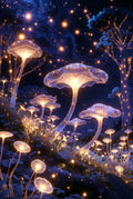 Enchanted Forest Glow Mushroom Art Print, Magical Night Sky, Fantasy Wall Decor, Blue Starry Background, Home Decoration, Mystical Nature