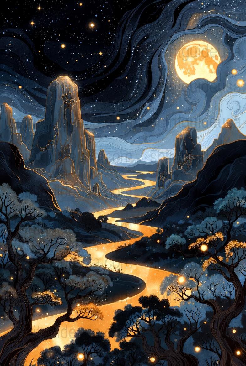 Mystical Night Landscape Poster, Moonlit Valley Art Print, Starry Sky Wall Decor, Fantasy Nature Illustration