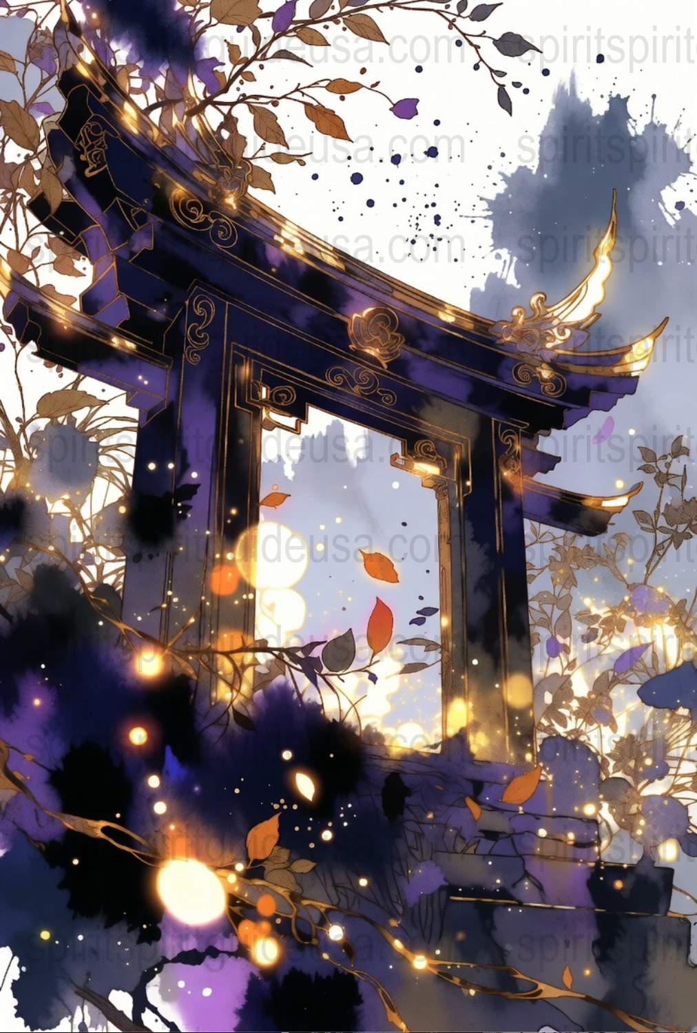 Enchanted Autumn Gateway Art Print, Mystical Forest Torii Gate, Fantasy Landscape Poster, Magical Fall Leaves Wall Decor