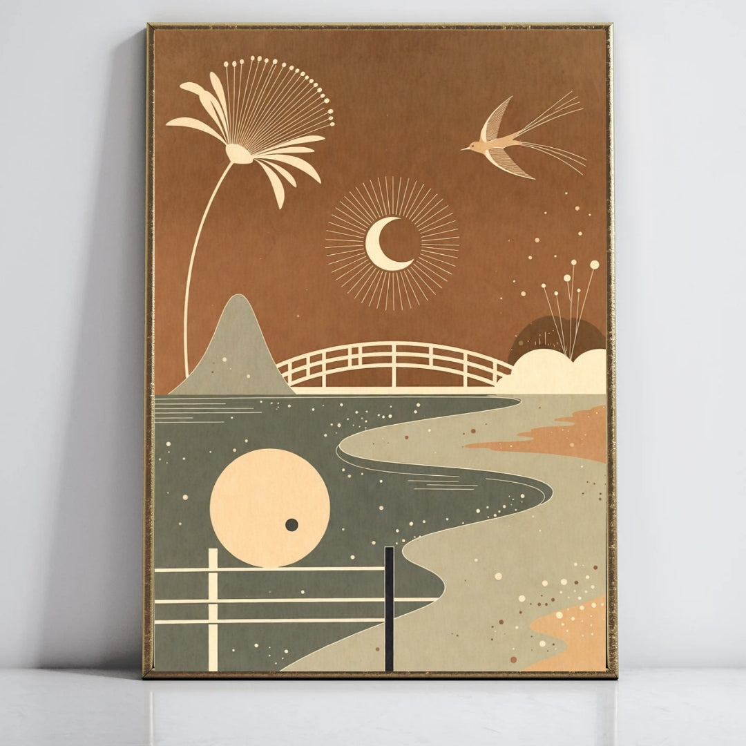 Modern Abstract Wall Art Print, Geometric Landscape Poster, Vintage Style Decor, Sun and Birds Illustration, Earth Tones Artwork