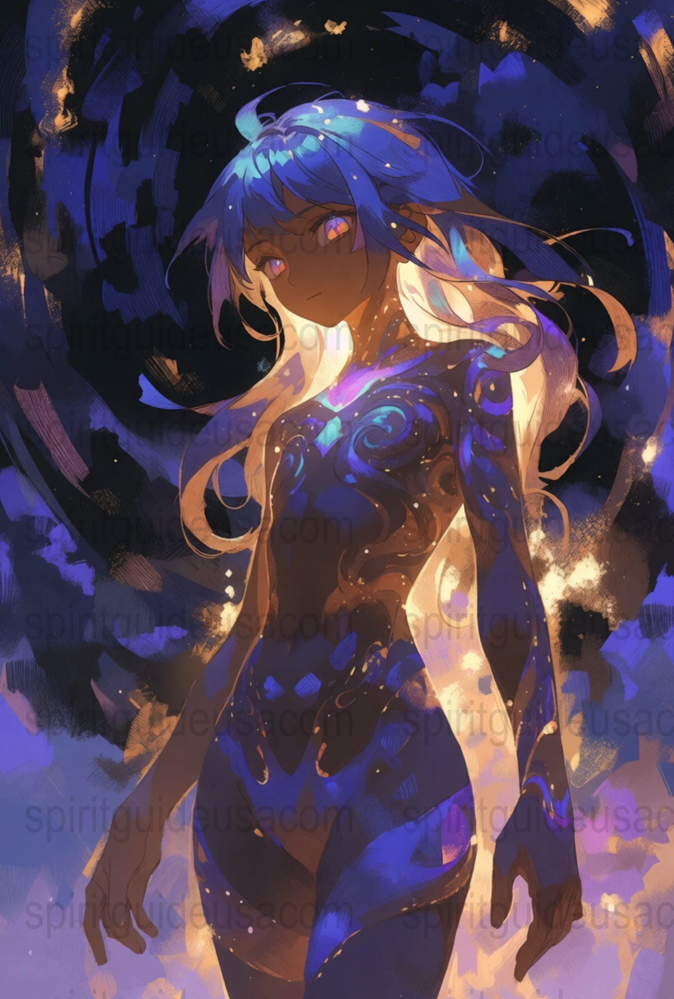 Fantasy Anime Art Print, Blue-Haired Girl, Celestial Night Sky, Glowing Character Illustration, Wall Decor, Unique Manga Poster