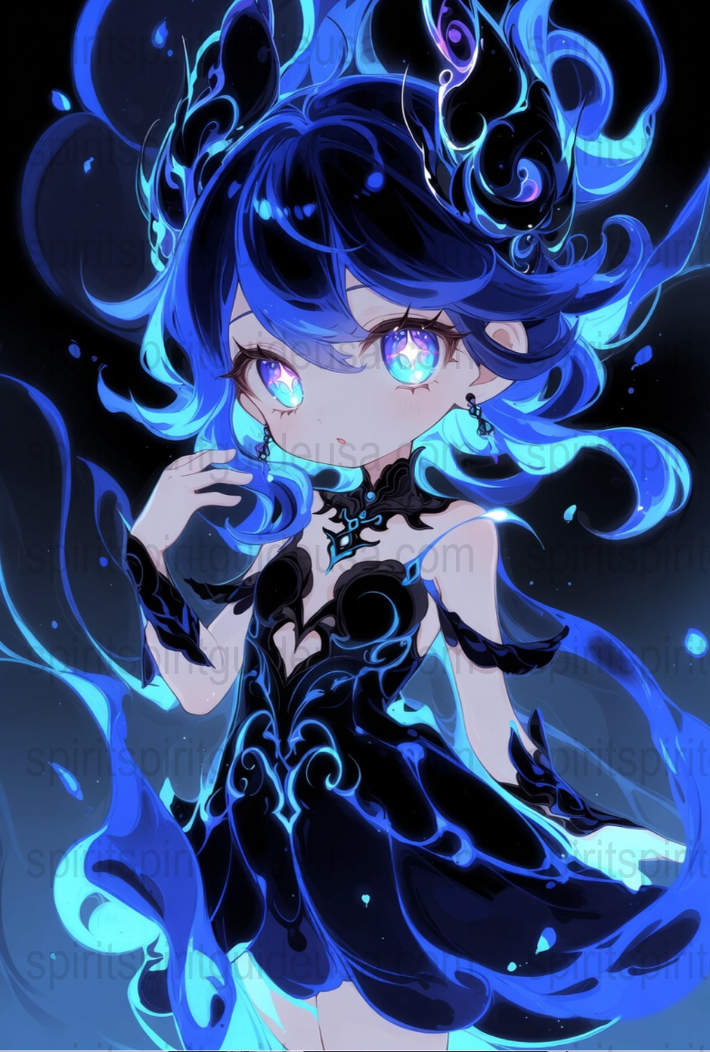 Anime Fantasy Art Print, Blue Mystical Girl with Swirling Flames, Unique Wall Decor, Vibrant Poster