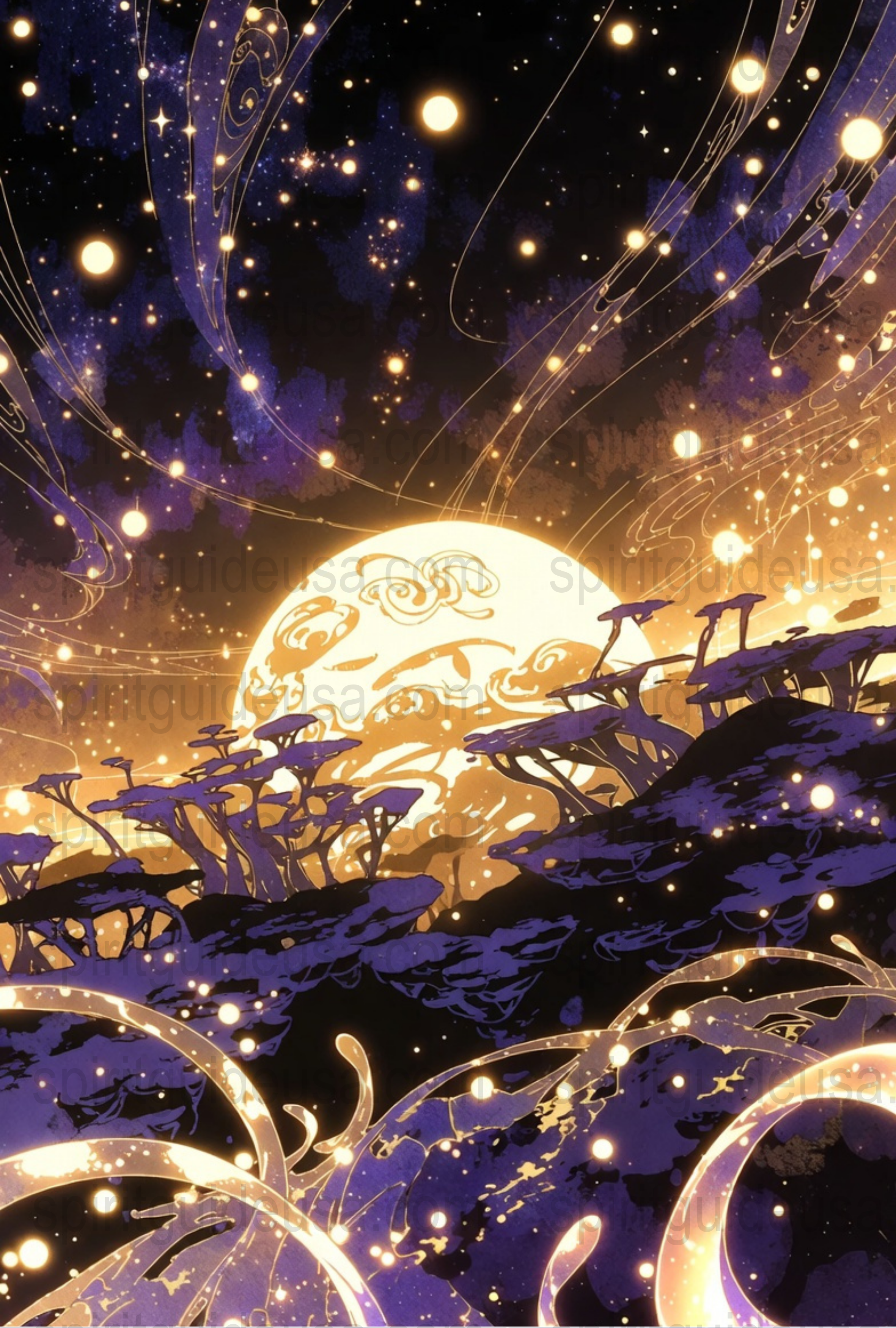 Mystical Moon Art Print, Celestial Night Sky Wall Decor, Fantasy Cosmic Poster, Enchanted Nature Illustration, Home Decoration