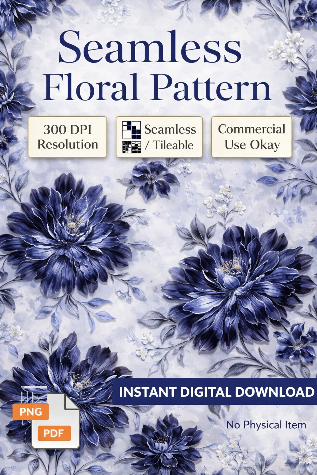 Seamless Floral Pattern Blue Flowers Digital Download PNG, Tileable 300 DPI, Commercial Use