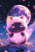 Cute Cosmic Cat Poster, Galaxy Kitten Art Print, Space Themed Nursery Decor, Fantasy Animal Wall Hanging, Pink Moon Illustration