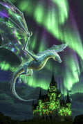 Mystical Dragon Art Print, Northern Lights Fantasy Castle Poster, Magical Creature Wall Decor