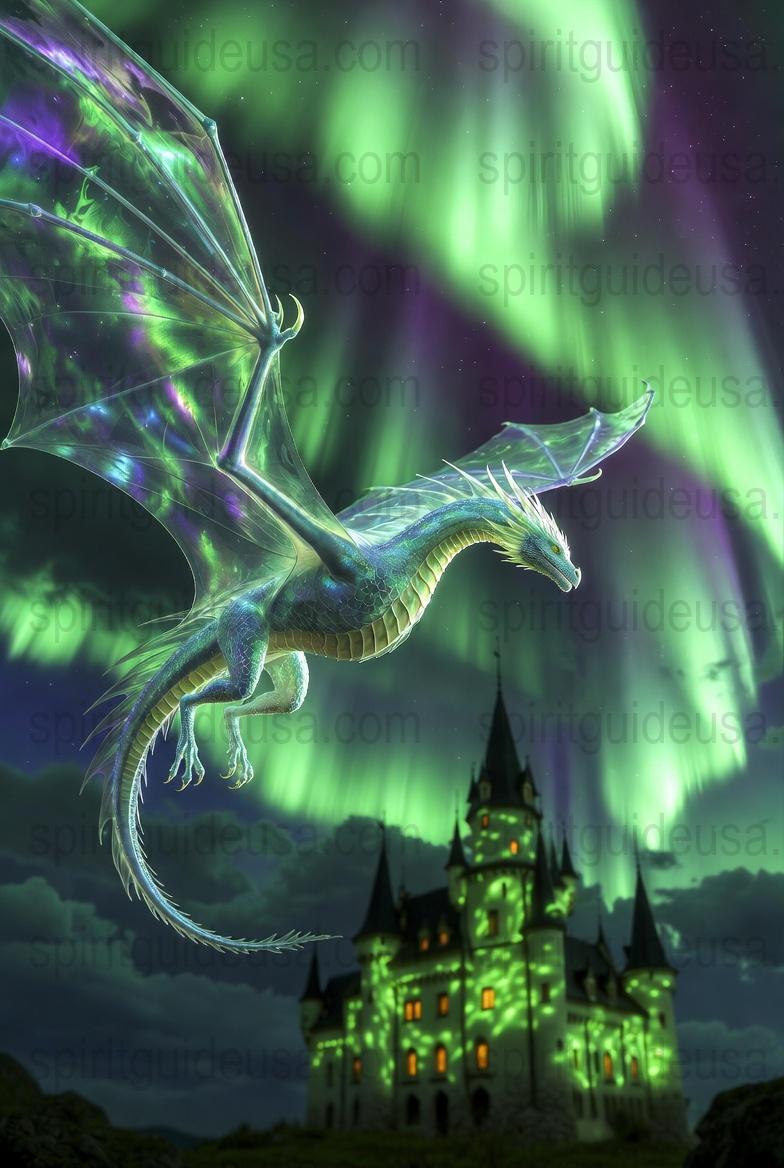 Mystical Dragon Art Print, Northern Lights Fantasy Castle Poster, Magical Creature Wall Decor