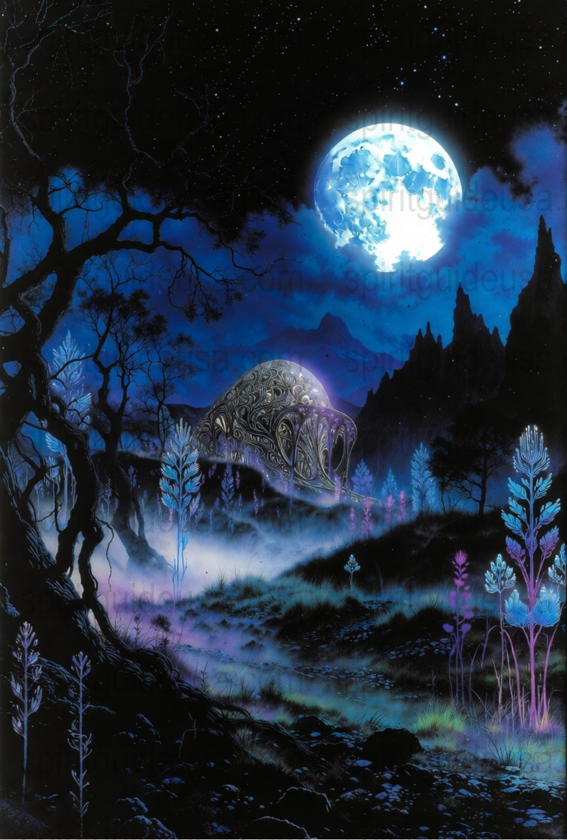 Fantasy Night Landscape Art Print, Moonlit Forest, Mystical Blue Poster, Enchanted Nature Wall Decor, Celestial Home Decoration