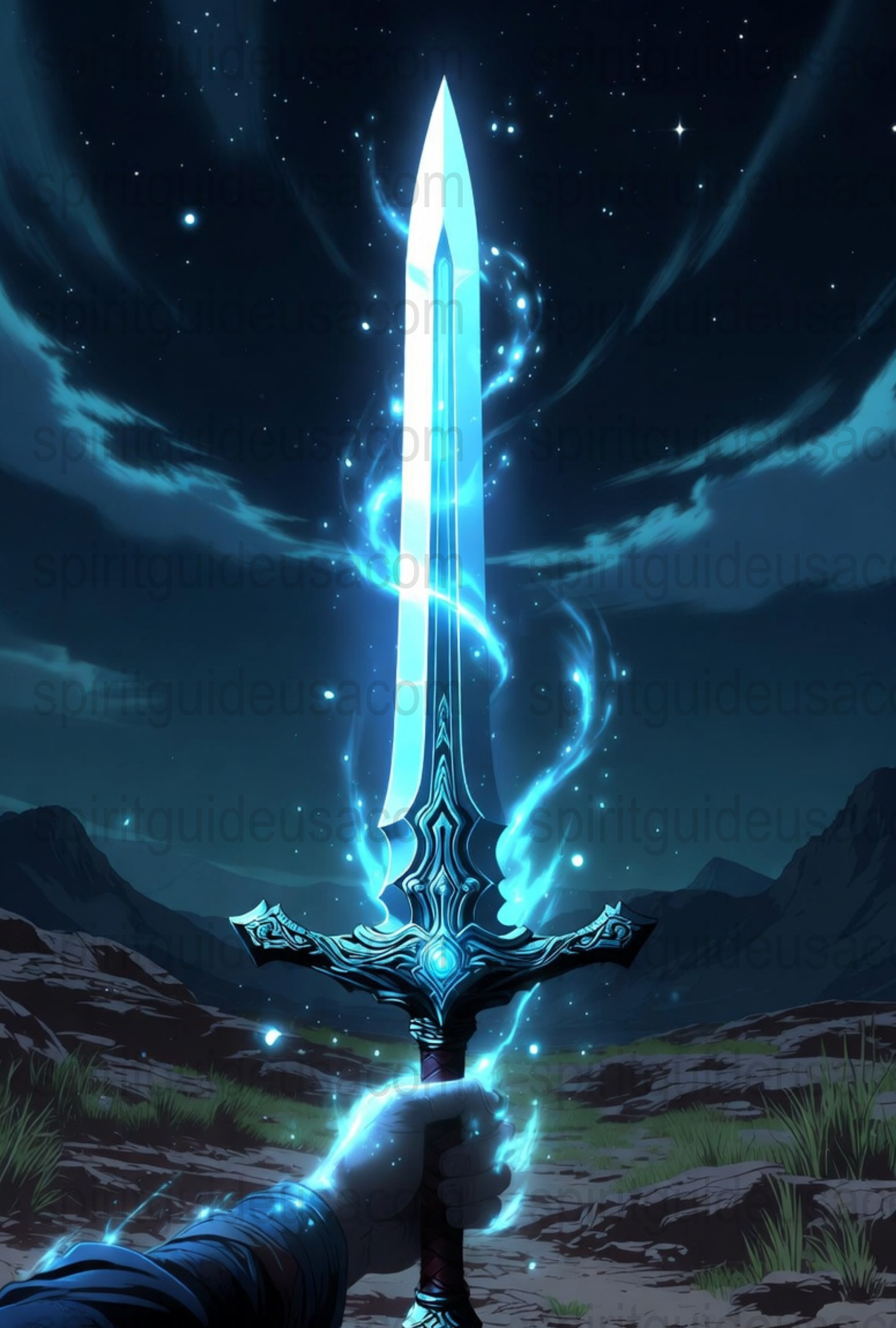 Fantasy Sword Art Print, Blue Glowing Sword Illustration, Magical Weapon Poster, Cosmic Starry Night Sky Background, Home Decor Wall Art
