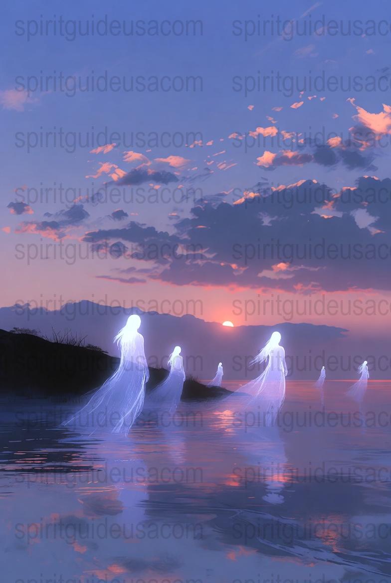 Mystical Beach Sunset Art Print, Ghostly Spirits Painting, Ethereal Ocean Wall Decor, Fantasy Artwork for Home