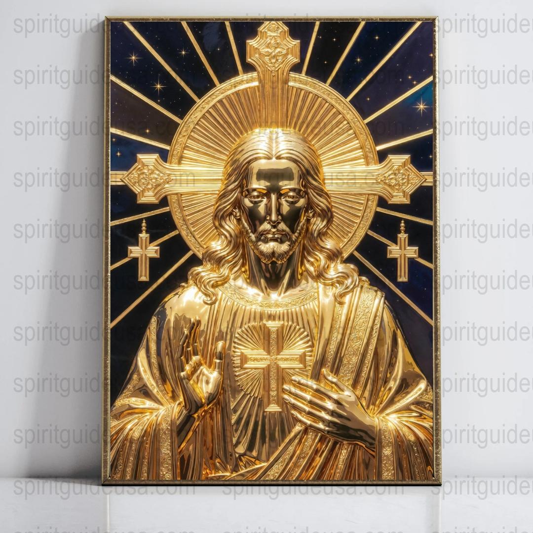 Golden Jesus Christ Icon Religious Wall Art, Christian Home Decor Spiritual Painting, Orthodox Church Gift, Holy Light Canvas Print