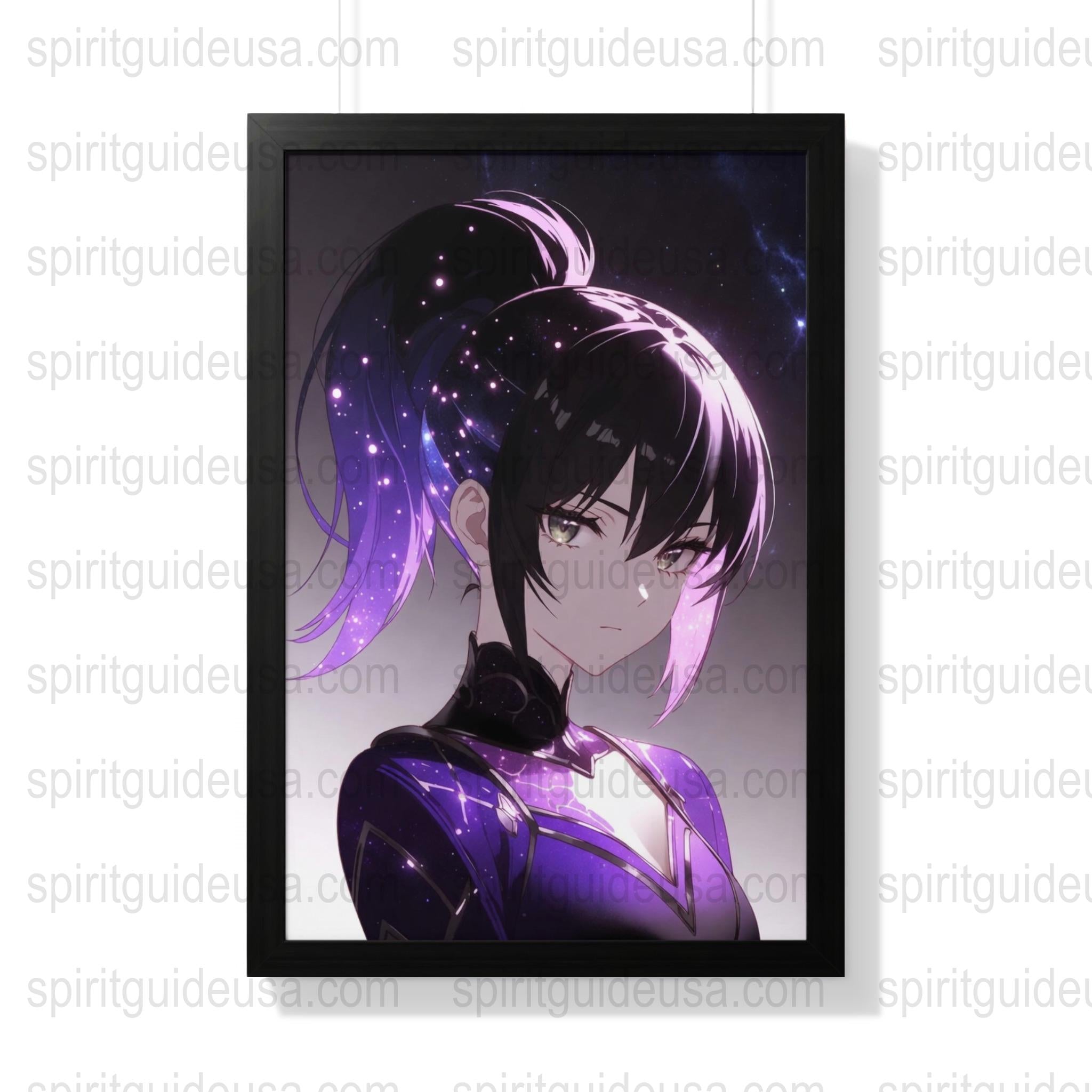 Anime Girl Wall Art, Purple Hair, Space Background, Framed Poster, Modern Room Decor, Vibrant Colors, Gift Idea, Manga Style Print