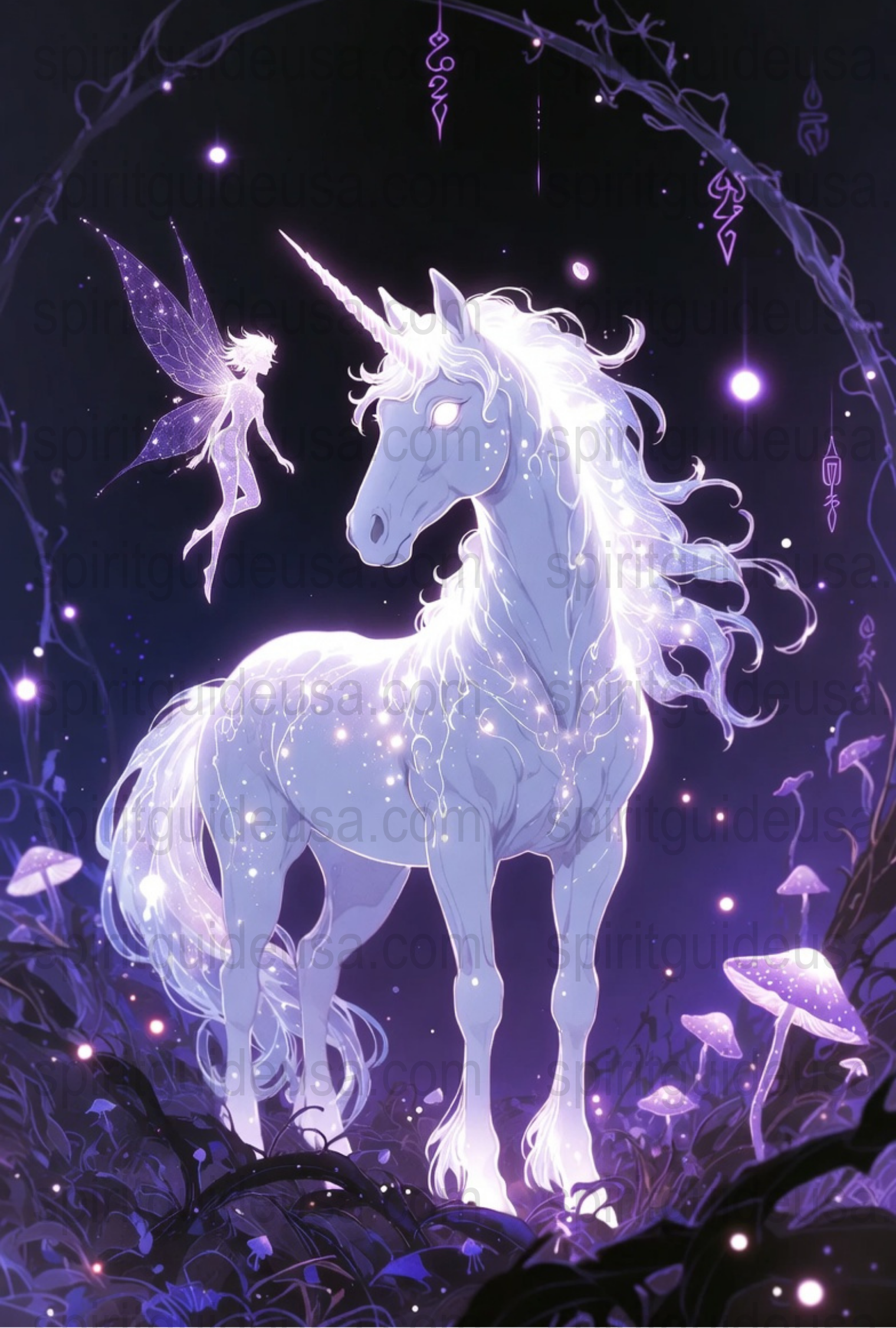 Mystical Unicorn and Fairy Art Print, Enchanted Forest, Glow-in-the-Dark, Fantasy Wall Decor, Magical Horse, Moonlight Poster