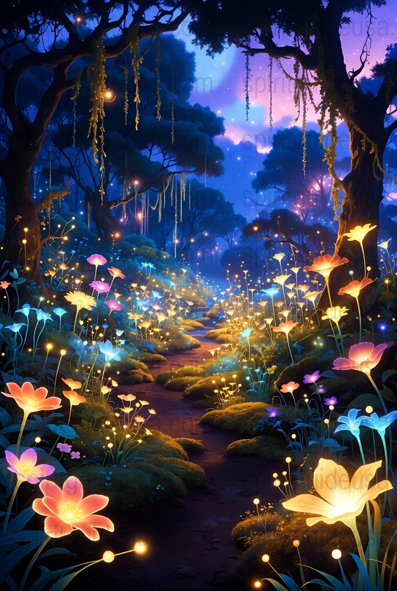 Enchanted Forest Night Scene Art Print, Glowing Flowers, Magical Landscape Poster, Fantasy Nature Wall Decor, Mystical Path Illustration