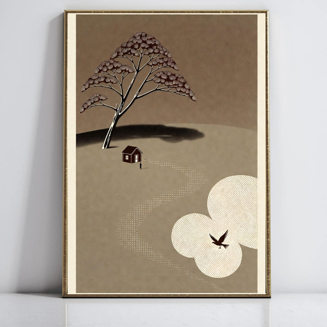 Vintage Asian-Inspired Wall Art, Minimalist Tree and House Print, Elegant Beige and Brown Decor