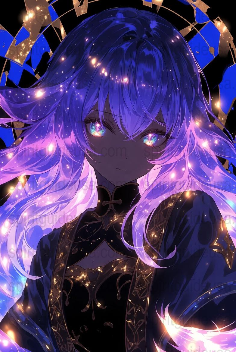 Anime Art Print, Mystic Girl with Blue Hair and Glowing Eyes, Starry Night Background, Decorative Wall Art for Bedroom