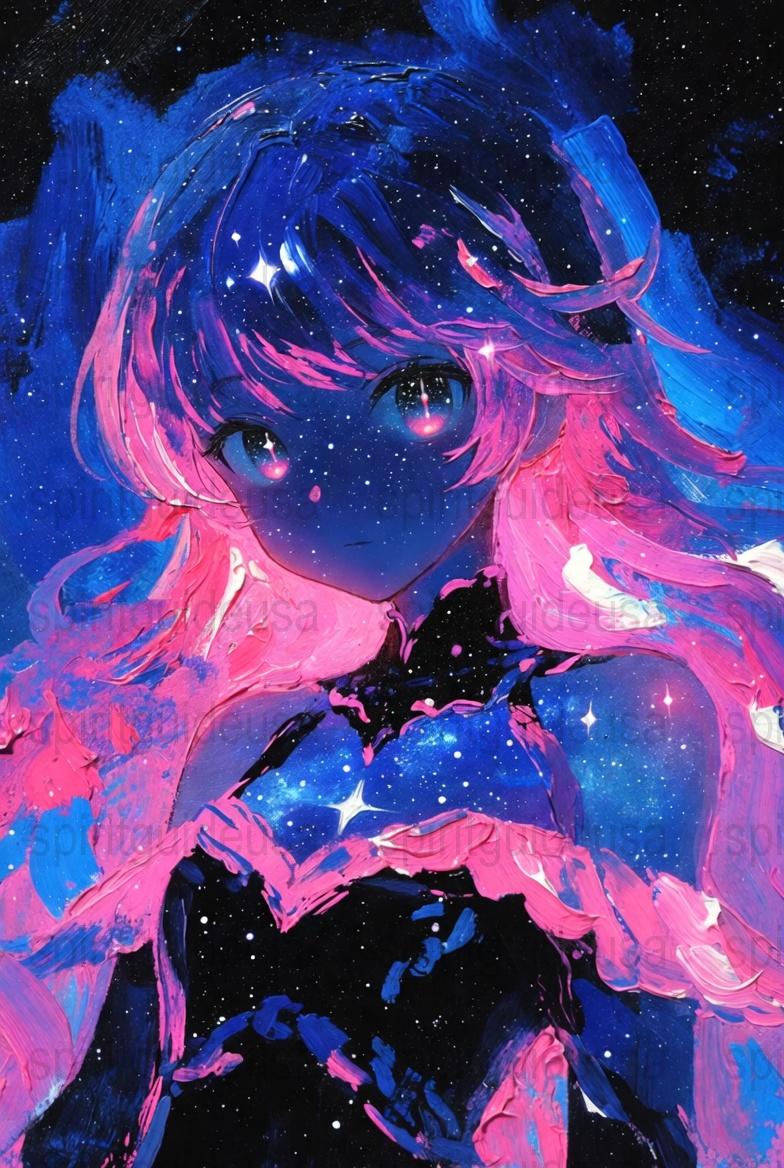 Vibrant Cosmic Girl Canvas Print, Galaxy Anime Art Poster, Pink Blue Starry Night, Unique Wall Decor