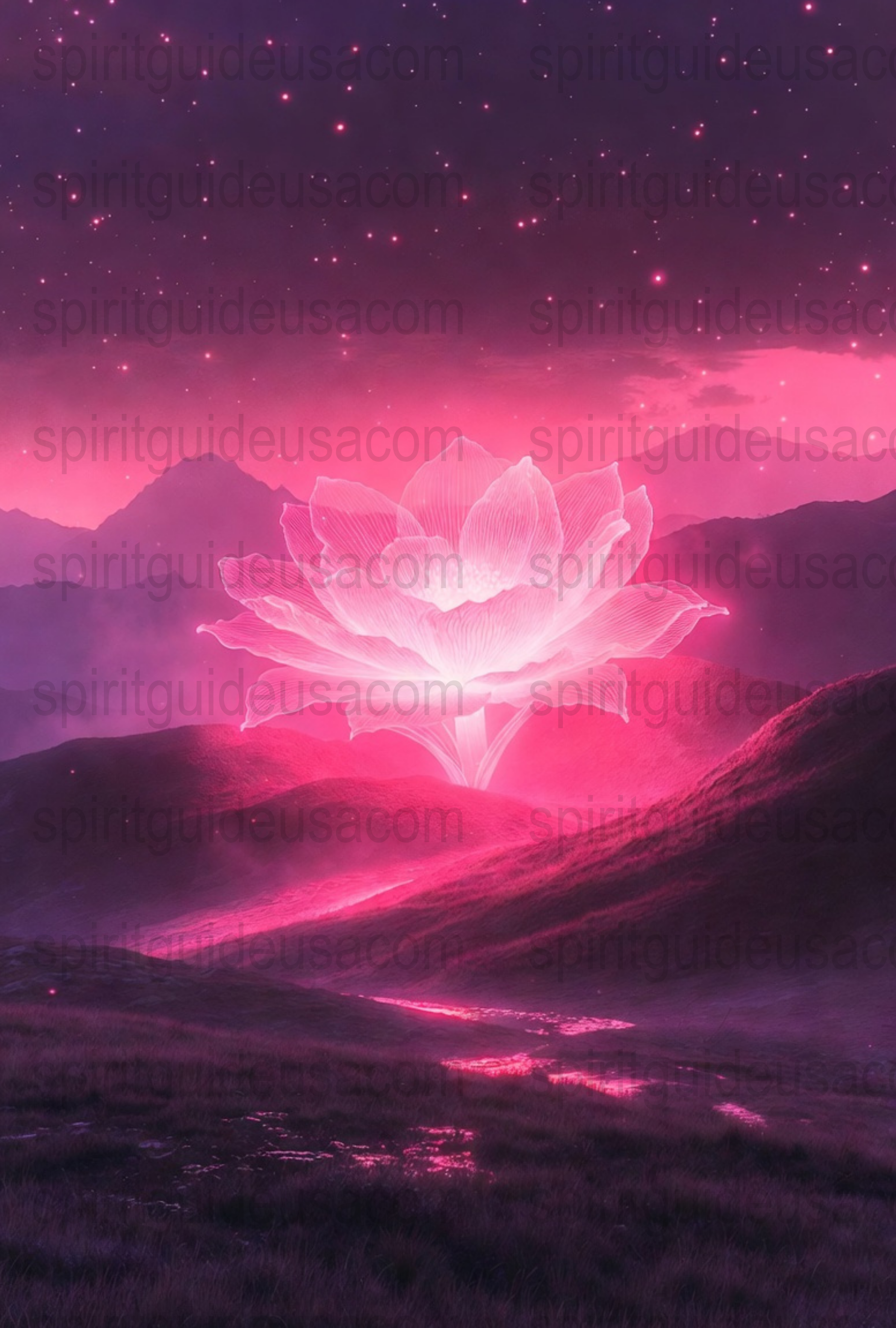 Pink Lotus Flower Art Poster, Spiritual Landscape, Vibrant Neon Nature Print, Home Decor Wall Art, Mystic Tranquil Scenery