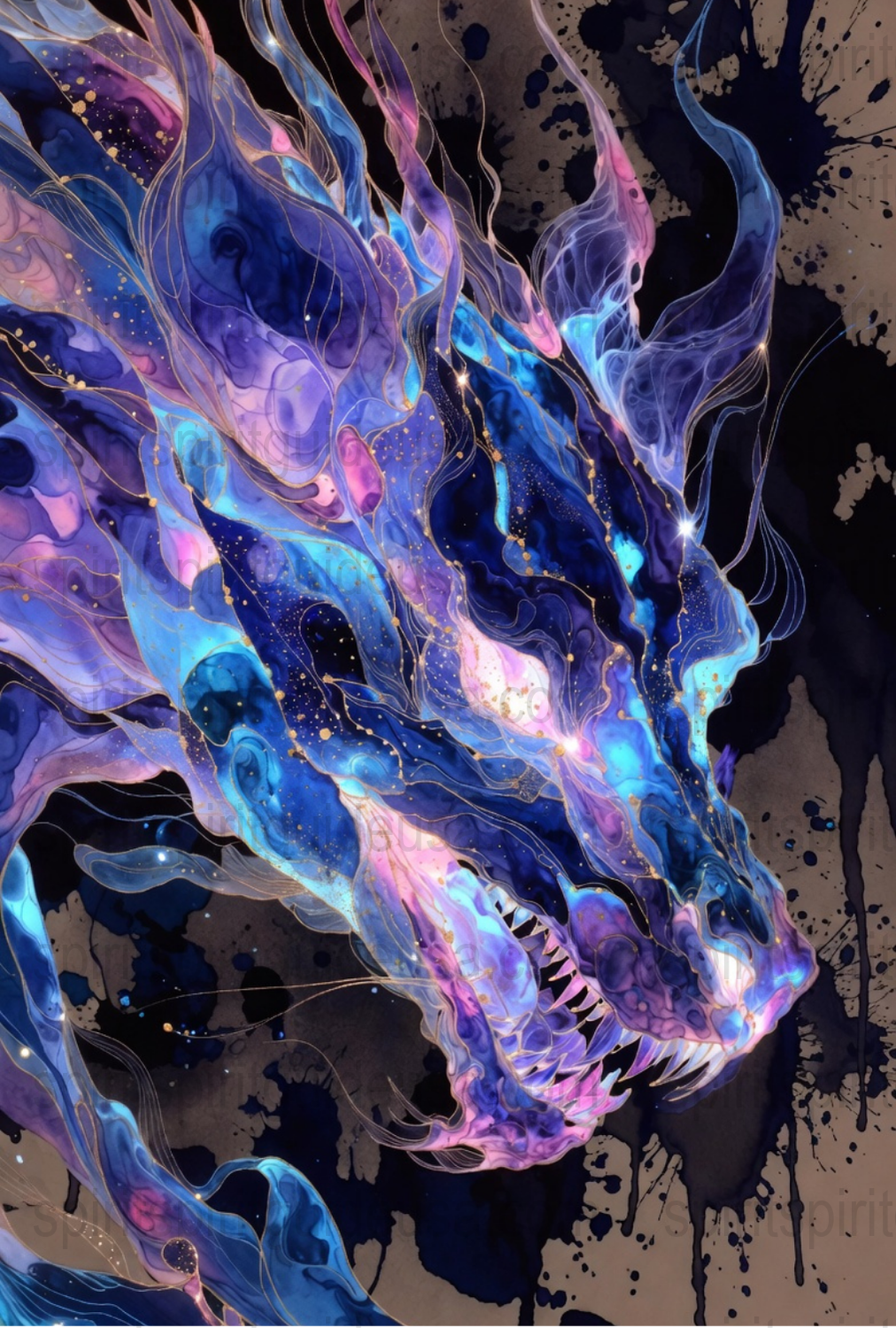 Abstract Dragon Art Print, Blue and Pink Fantasy Creature, Mystical Wall Decor, Unique Mythical Poster