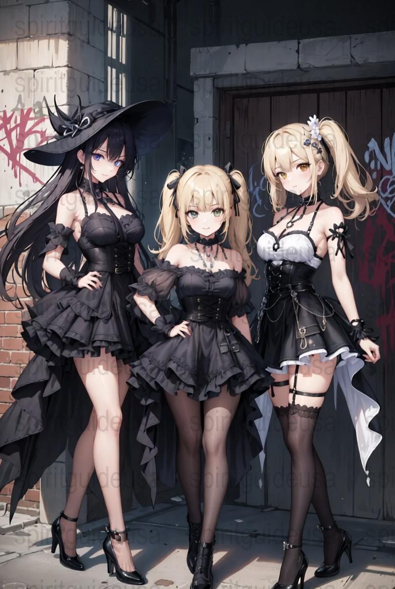 Gothic Lolita Dresses Anime Art Print, Victorian Inspired Fashion Poster, Dark Fantasy Wall Decor, Black and White Maid Outfits