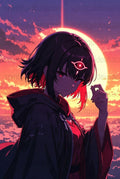 Anime Girl Poster, Red Sunset Background, Cyber Eye, Manga Art Print, Wall Decor, Vibrant Colors, Gift for Anime Fans