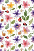 Watercolor Floral and Insect Pattern Fabric, Ladybug Snail Flower Print, Spring Garden Textile Design, Craft Supplies, Quilting Material