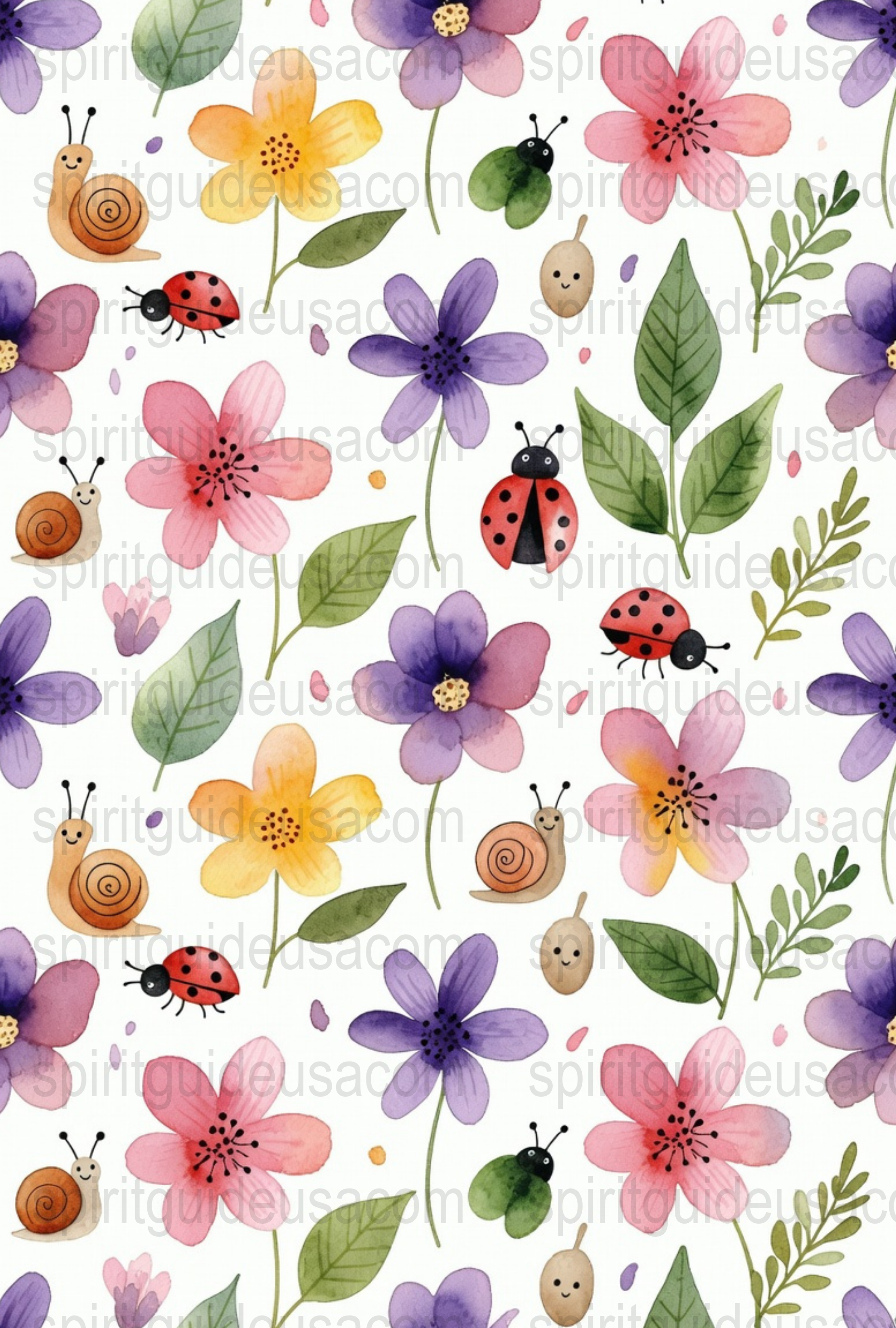 Watercolor Floral and Insect Pattern Fabric, Ladybug Snail Flower Print, Spring Garden Textile Design, Craft Supplies, Quilting Material