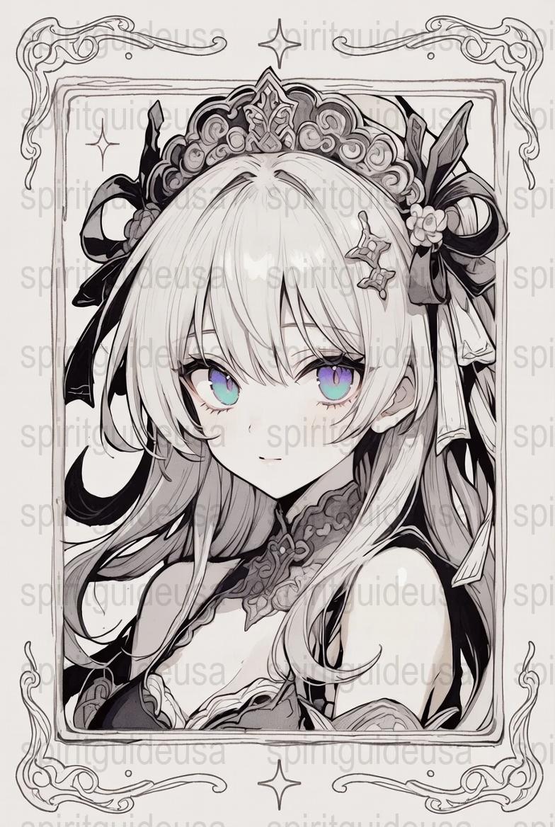 Gothic Lolita Anime Art Print, Monochrome Girl with Blue Eyes, Vintage Frame, Wall Decor, Manga Style Poster