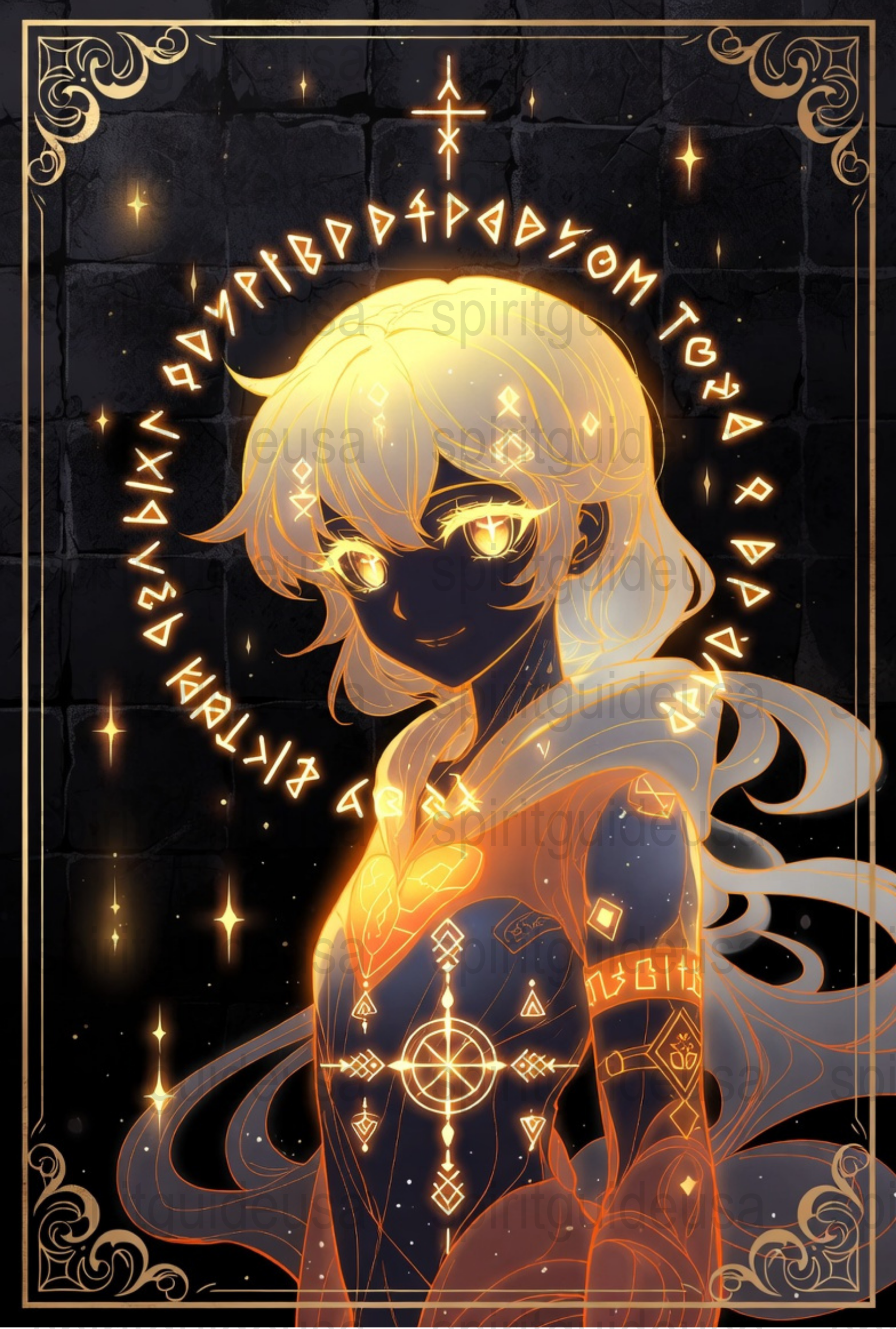 Mystical Glowing Anime Character Art Print, Celestial Magic Symbols, Fantasy Wall Decor, Anime Poster, Unique Home Decoration Gift