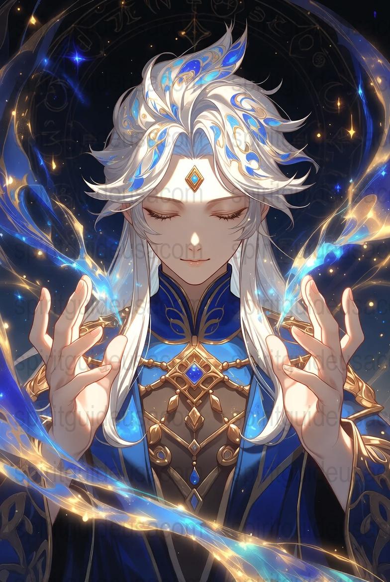 Fantasy Anime Art Print, Mystic White-Haired Mage, Celestial Background, Decorative Wall Art, Collectible Illustration