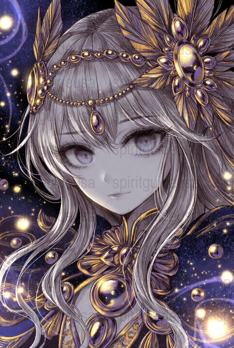 Fantasy Anime Art Print, Celestial Maiden Poster, Mystic Starry Night, Golden Jewelry, Ethereal Wall Decor, Unique Gift Idea