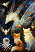 Mystical Dragon and Fox Art Print, Celestial Creatures Fantasy Wall Art, Vibrant Home Decor