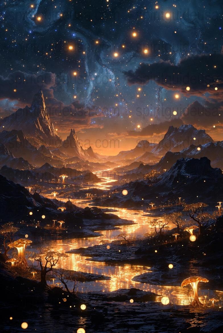 Enchanted Night Sky Fantasy Landscape Poster, Mystical Starry Mountain Valley Wall Art Decor