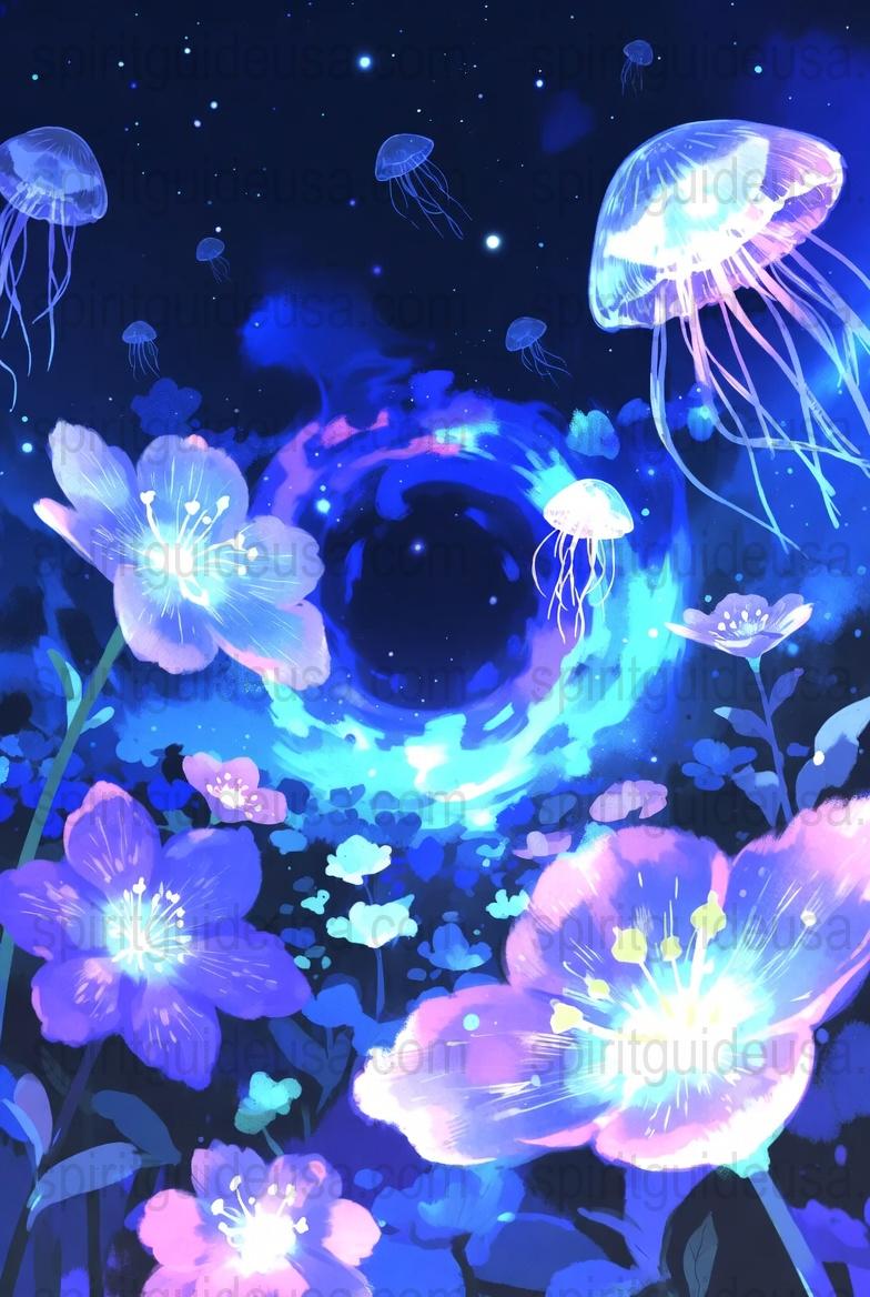 Fantasy Jellyfish Art Print, Neon Glow Floral Underwater Scene, Cosmic Ocean Poster, Home Wall Decor, Unique Bedroom Artwork