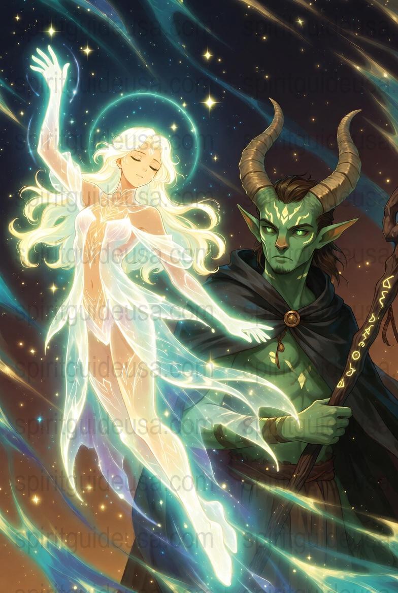 Fantasy Art Print, Celestial Goddess and Horned Sorcerer, Starry Night, Magical Wall Decor, Mystical Poster, Unique Gift Idea