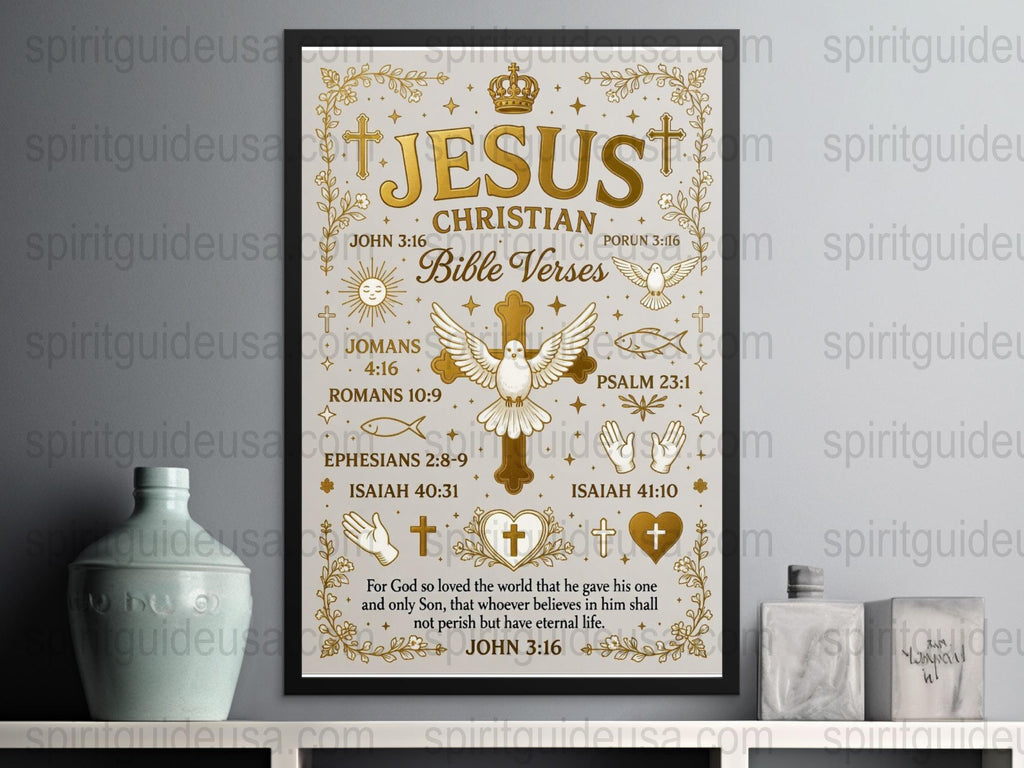 Christian Inspirational Bible Verses Poster, Scripture Wall Art, Religious Home Decor, Gold and White Color Scheme