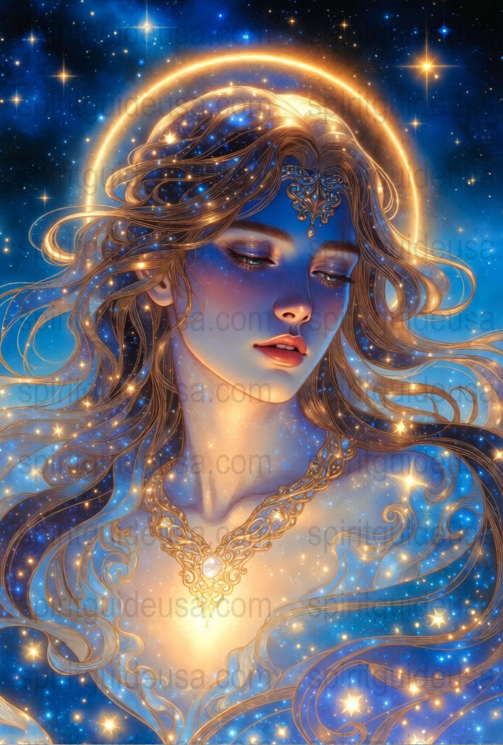 Celestial Goddess Art Print, Mystical Fantasy Wall Decor, Starry Night, Ethereal Woman Portrait, Blue Gold Decorative Poster