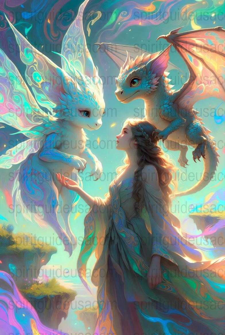 Fantasy Art Print, Enchanted Woman with Mythical Dragons, Colorful Magic Forest Wall Art, Mystical Decor, Dragon Collector Gift Idea