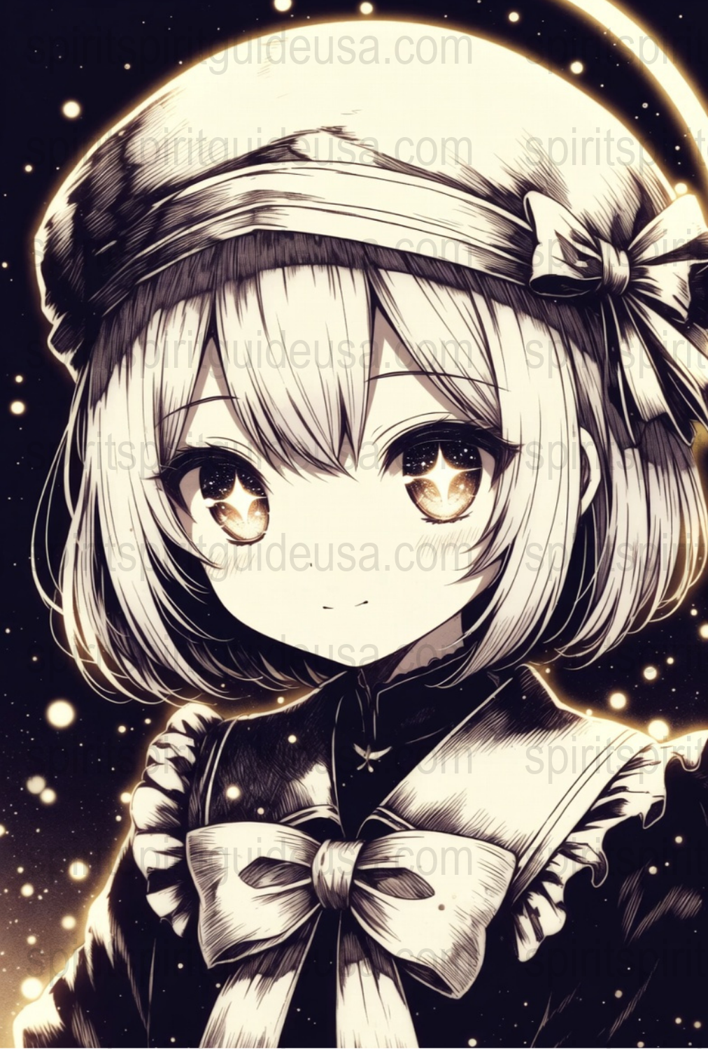 Anime Art Print, Monochrome Manga Girl Portrait, Starry Night Background, Collectible Wall Art Decor