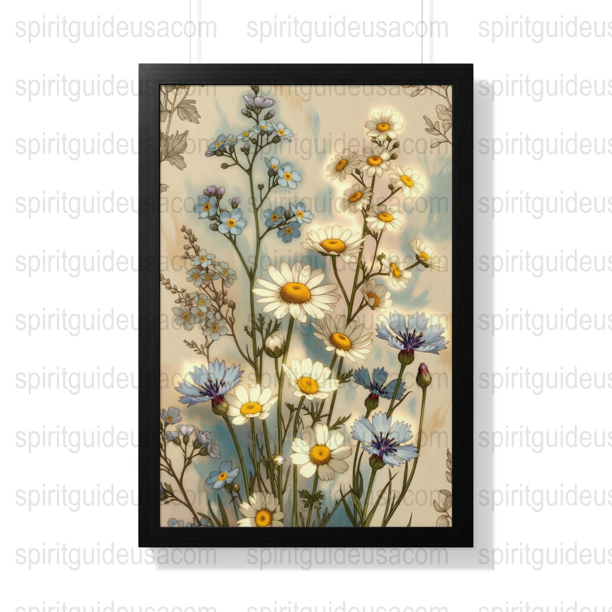 Botanical Art Print, Wildflower Daisy Field Illustration, Floral Wall Decor, Nature Inspired Home Decoration, Framed Flower Poster