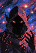 Mystical Hooded Figure Art Print, Cosmic Red Eyes Fantasy Poster, Space-Themed Wall Decor, Vivid Colors Illustration