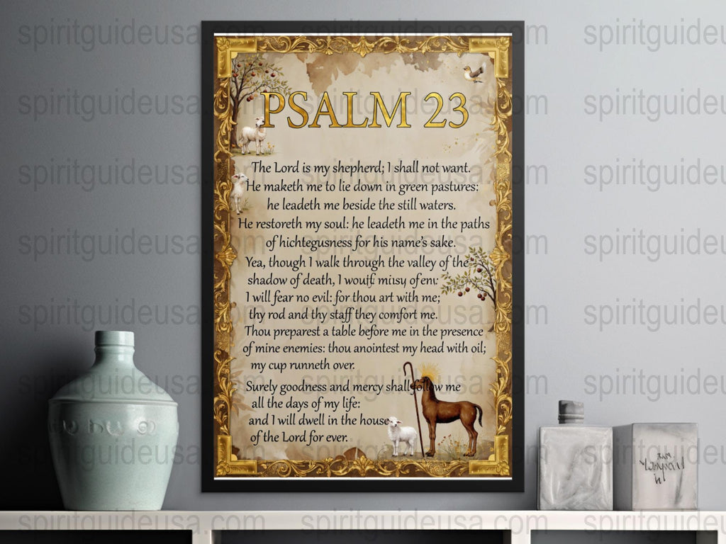 Psalm 23 Bible Verse Framed Print, Vintage Gold Frame Religious Wall Art, Christian Home Decor, Inspirational Scripture Gift